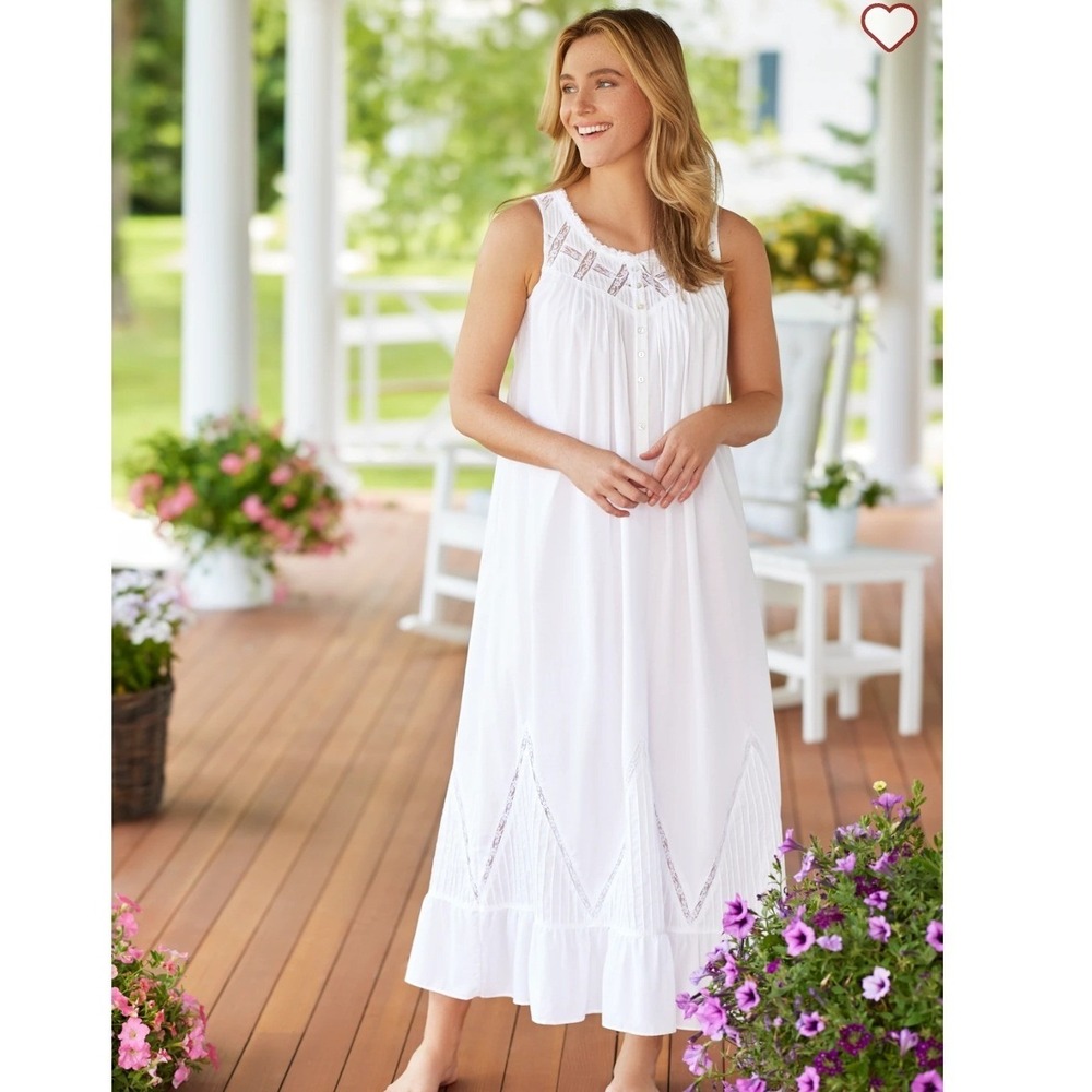 Eileen West Moonlight Sonata White Cotton Lace Pintuck Long Nightgown XS / Small